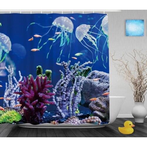 Beautiful Jellyfish Bathroom Curtain Medusa In The Neon Light With Fishes Shower Curtains Waterproof Polyester Fabric With Hooks