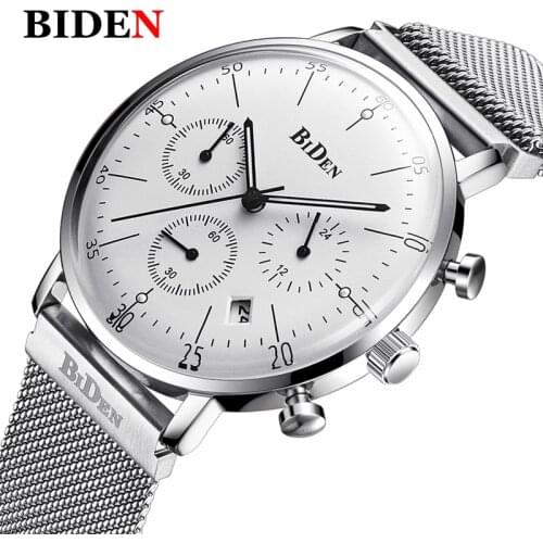 BIDEN Men Quartz Watch Ultra Thin Milanese Loop Band Waterproof Chronograph Calendar Wristwatch Mens Gifts relogio masculino