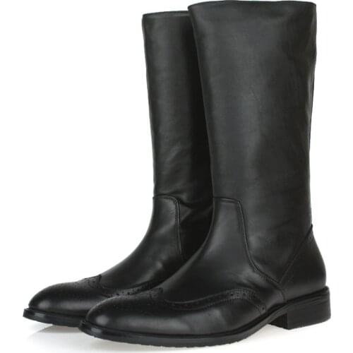 Top Quality Knee High Black Mens Boots Genuine Leather Motorcycle Boots Casual Male Winter Boots Outdoor Shoes