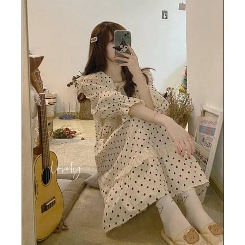 New Retro Polka Dot Long Skirt Lace-up Short-sleeved Dress Summer Temperament Korean Style Loose Mid-length Skirt Cute Style