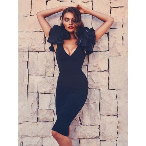 2019 New Arrivals Fashion Dress Bandage Women Bodycon Deep V Neck Party Bandage Dresses Celebration Night Club Dress Sexy Black