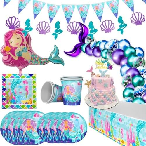 Joy-Enlife Mermaid Party Decor Mermaid Disposable Tableware Latex balloon Headwear Banners Birthday Party decor Child birthday