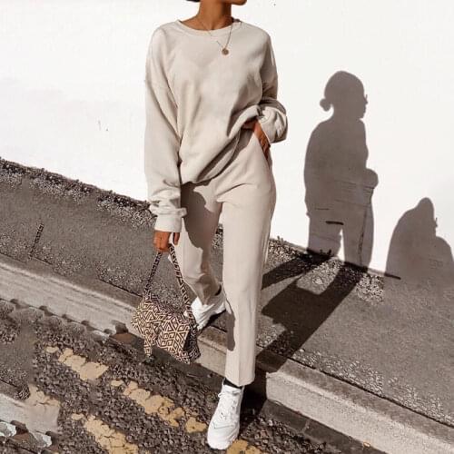 Solid Basic Casual Two Piece Set Tracksuit female O-Neck Tops and Sportwear Trousers Tracksuits For Women 2021 Spring Lady Suits