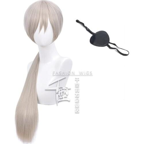 Anime Chainsaw Man Quanxi Cosplay Silver Long Wig Eyes Patch Heat-resistant Fiber Hair + Free Wig Cap Halloween Party Role Play
