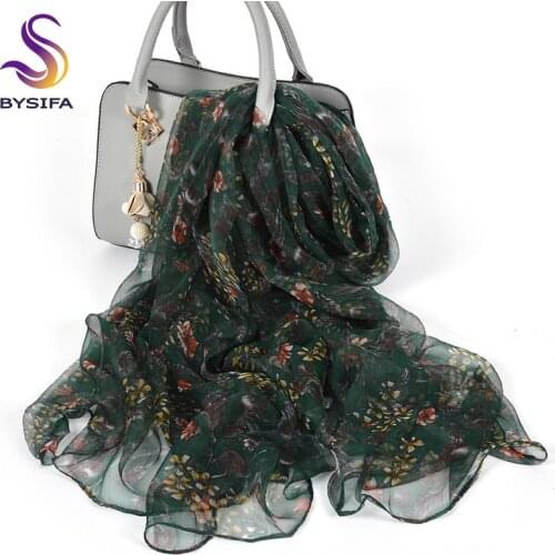 [BYSIFA] Green Silk Scarf Shawl Women Luxury Brand Fall Winter Long Scarves New Accessory Floral Design Neck Scarf Foulard Femme