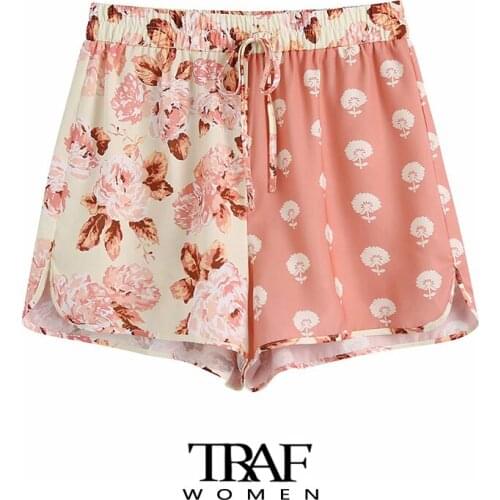 TRAF Za Women Fashion Patchwork Floral Print Shorts Vintage High Elastic Waist With Drawstring Female Short Pants Mujer