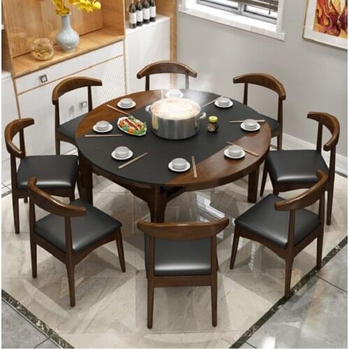 1.5m Nordic Black Fire Stone Retractable Folding Solid Wood Dining Table With Induction Cooker