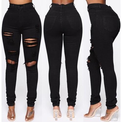Skinny Jeans Women Denim Pants Holes Destroyed Knee Pencil Pants Casual Trousers Black White Stretch Ripped Jeans