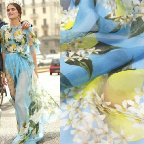 Spring Summer Flower Hand-painted Lemon Flower Chiffon Thin Material Printed Fabric for Sewing Cloth Fabrics by Meter Material