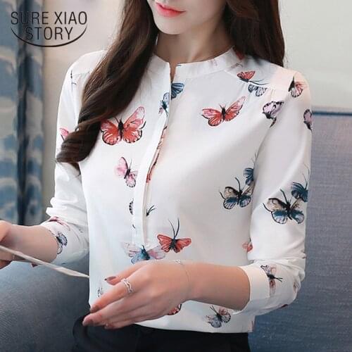 Long Sleeve Blouse Woman Butterfly and Floral Print O-neck Women Tops Stand Collar Woman Shirts 3XL Blouse Shirt 1042 40