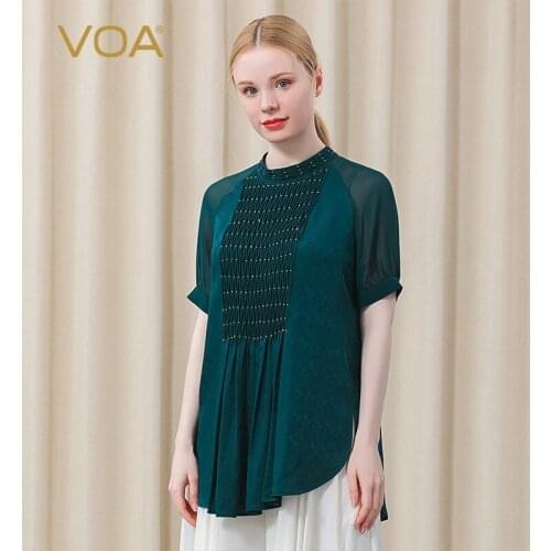 VOA Silk Peacock Green Jacquard Womens T-shirt BE620 Half-high Collar Raglan Sleeve One Button Hem Split Straight Loose Top