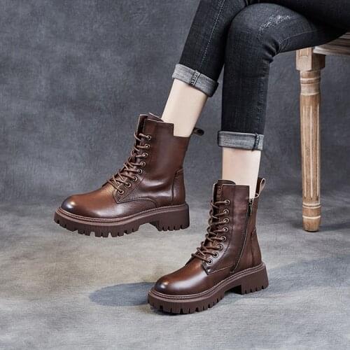 2021 New Genuine Leather Autumn Winter Fashion Woman Boots Vintage Style Casual Woman Shoes Lace-Up Warm Plush Motorcycle Boots