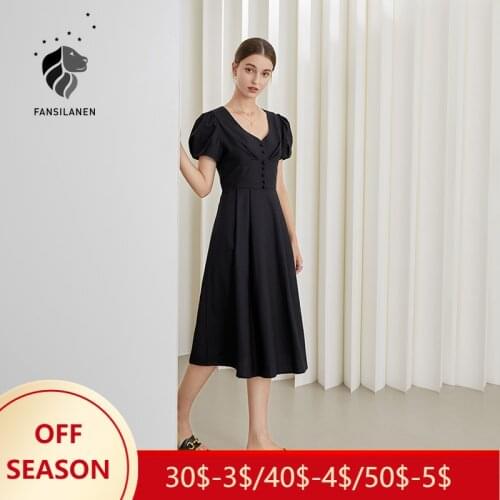 FANSILANEN Office Lady Hepburn Style Black Dress Female Summer 2021 New French Puff Sleeve V-neck A-line Zipper Women Dress