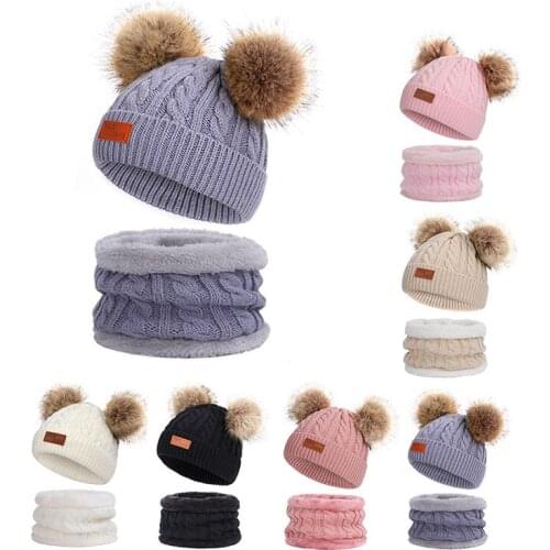 Winter Baby Hat Scarf Suit Pompon Kids Hats Thick Warm Scarf Autumn Knitteed Children Caps Cotton Girls Boys Neck Drophipping