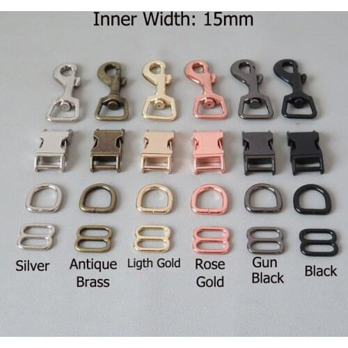 100Sets/Pack Wholesale Inside Width 15mm Metal Buckle D Ring Adjuster Snap Clip Clasp Carabiner Hooks Dog Collar Leash Belt Loop