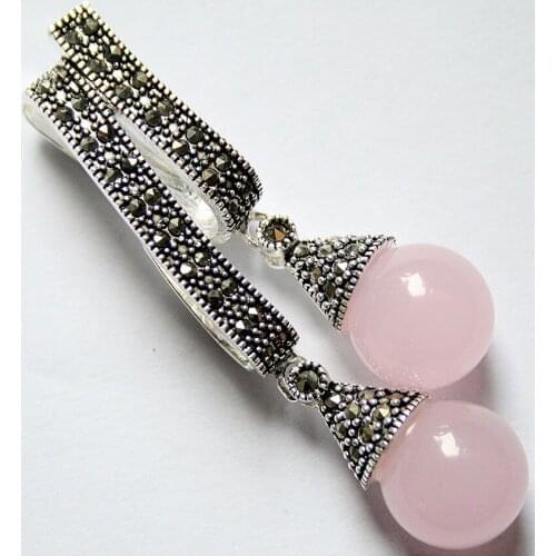 12mm Two Round pink StoneTibetan Silver Marcasite Pendant 58*20mm