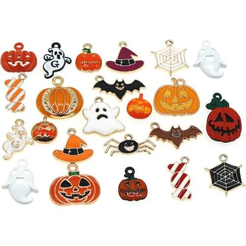 12PCS Enamel Halloween Charms Mixed Candy Ghost Pumpkin Bat Spider Cat Hat Alloy Pendant Jewelry Making Accessory XL876