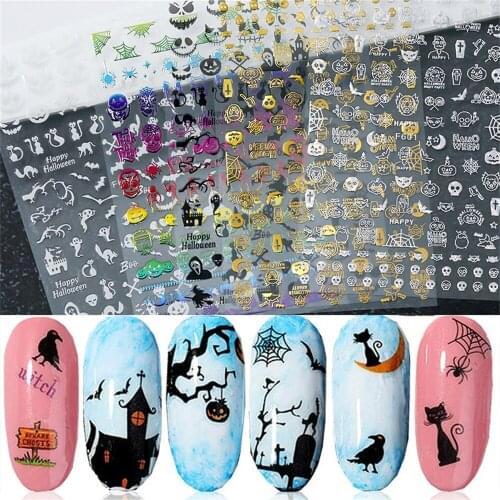 15 Designs Nail Stickers Decals Pumpkin Bat Slider Skull Spider Halloween Laser Stickers Nail Decorations Nail Sticker Nail Art