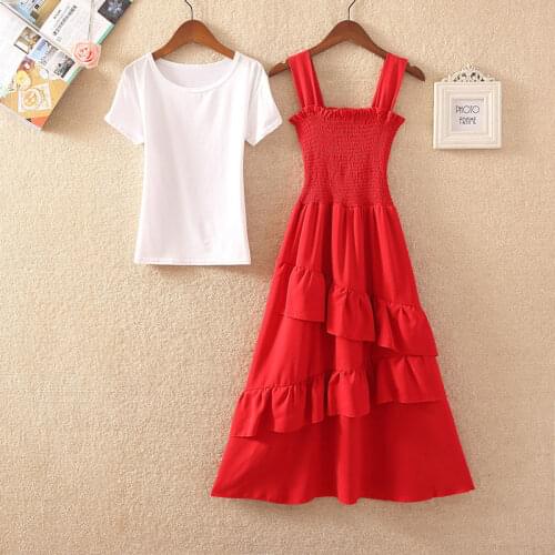 2021 New Summer Women 2 Piece Suit Chiffon Sleeveless Solid Vintage Dresses and Short Sleeve T-shirts Female Elegant Sets Q68