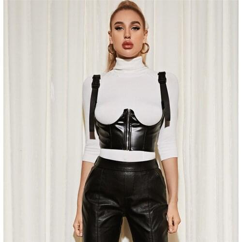 2021 Y2K Women Punk Rock Black Leather Corset Elastic Bodycon Camisole Waist Slim Stitching Irregular Zipper Sling Gothic Top