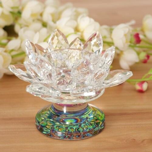 7 Colors Crystal Glass Lotus Flower Candle Tea Light Holder Buddhist Decor