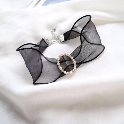 Banquet Style Necklace Pearl Pendant CHOKER Necklace Black Ribbon Neck Chain Short Style Sweater Chain