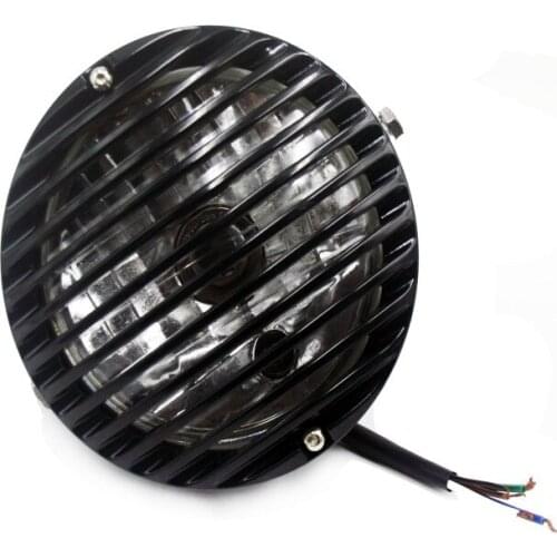 Black 6 1/2" Motorcycle Bullet Headlight Lamp Scalloped Finned W/ Grill Cover For Custom Cafe Racer Bobber