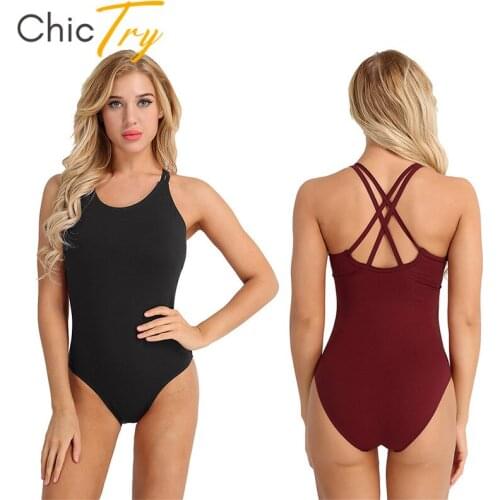 ChicTry Women Built-in Bra Lining Ballet Leotard Adult Dance Wear Spaghetti Straps Soft Professional Gymnastics Leotard Bodysuit