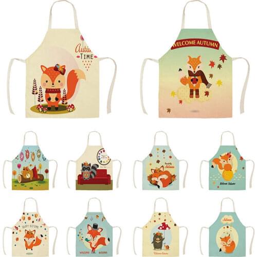 Cartoon autumn maple leaf Fox Kitchen Apron For Woman Sleeveless Cotton Linen Aprons Cooking Home Cleaning ToolsJ928