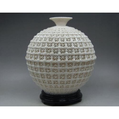 Exquisite Round Vintage Chinese Dehua Porcelain Handwork Hollow-out Auspicious Vase