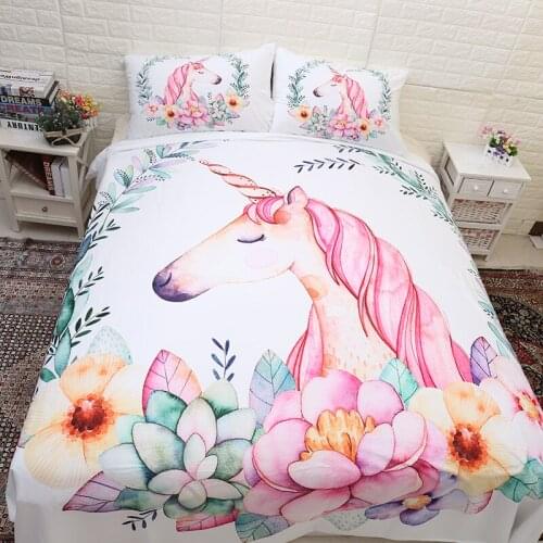 3D unicorn printed bedding sets white background unicorn and flowers printing bedding sets 2/3 pcs