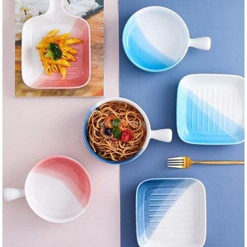 Creative Web Celebrity Gradient Ceramic Baking Bowl with Handle Nordic Cuisine Steak Pan Baking Dish Baking Disk