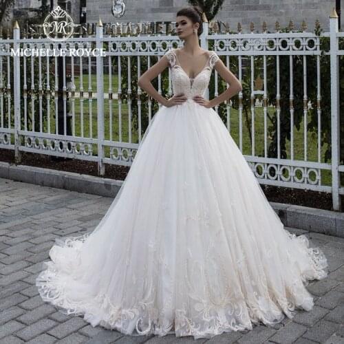 Michelle Royce A-Ling Wedding Dresses 2021 V-Neckline Appliques Sleeveless Button Chapel Train Bridal Gowns Vestido De Noiva