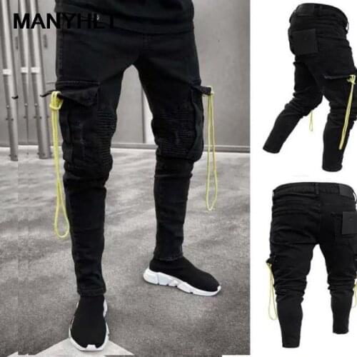 New Mens Clothing European And American Style Skinny Slim Jeans Pure Black Striped Trousers Fashion Casual Pants Streetwear Men