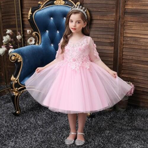 New Girls Half Sleeve Dress for Wedding Kids Appliqued Flower Ball Gown Dress for Brithday Children Formal Dress for Performance
