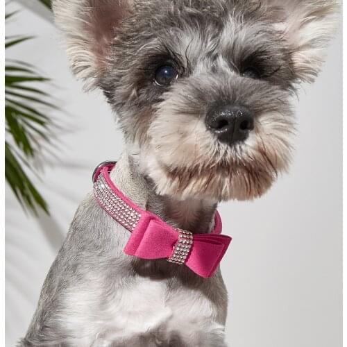 Soft Leather Dog & Cat Collar Rhinestone Flocking Sparkly Crystal Diamonds Studded - Cute Double Bow-knot