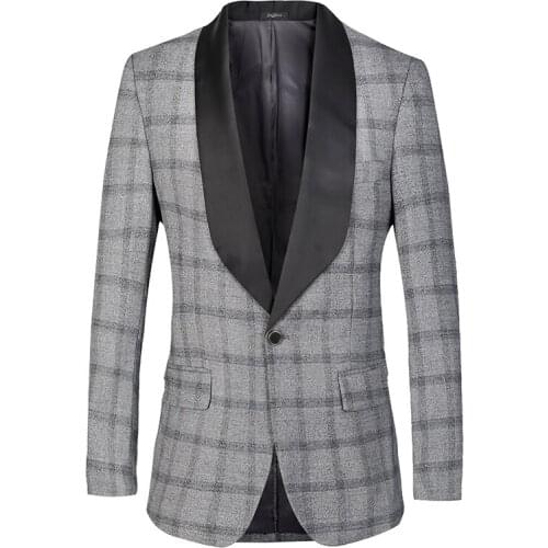 Tuxedo Jacket Slim Men Big Shawl Lapel Check Blazers Plaid Wedding Groom Banquet Party Prom Gray Khaki Single Breasted 1 Button