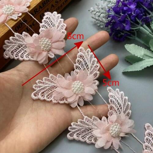 10x Pink 8cm Butterfly Lace Trim Ribbon Chiffon Diamond Flower Fabric Handmade Embroidered Applique Wedding Dress Sewing Craft