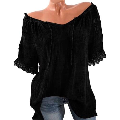 Casual Chiffon T-shirts Women Casual Cold Off Shoulder Lace Solid V Neck Shirt Streetwear Summer Short Sleeve Top T-shirts @40