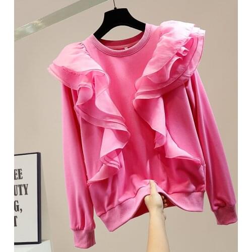 Woman Hoodie Fashion Three-dimensional Ruffled Panel Round Neck Long Sleeve Sweatshirt Lady Temperament Pullovers Student 2020
