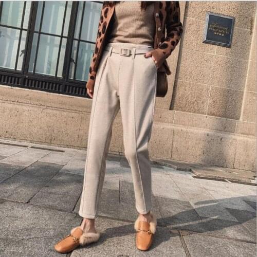 Womens Woolen Pants Autumn Winter New Female Thick Warm Woolen Harem Pant Belt Pantalon Casual High Waist Long Trousers CL101