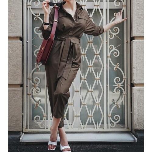 Ladies Brown Tooling Style Long-Sleeved Slim Jumpsuit European Temperament High Waist Fashion High Street Handsome Personality