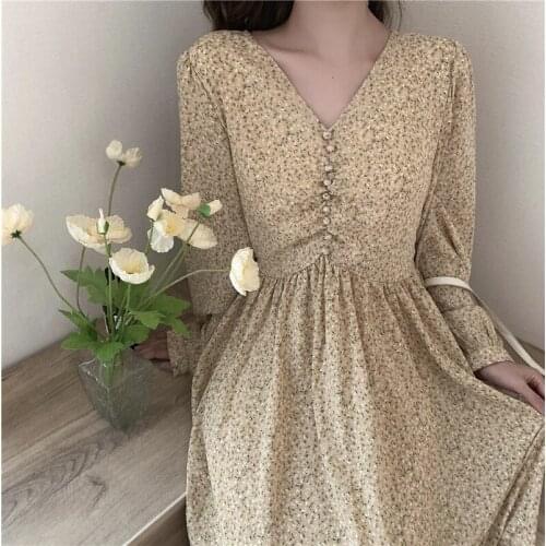 Large size womens autumn chiffon maxi dress Korean floral V-neck long sleeve button slim bubble sleeve Dresses vintage clothing