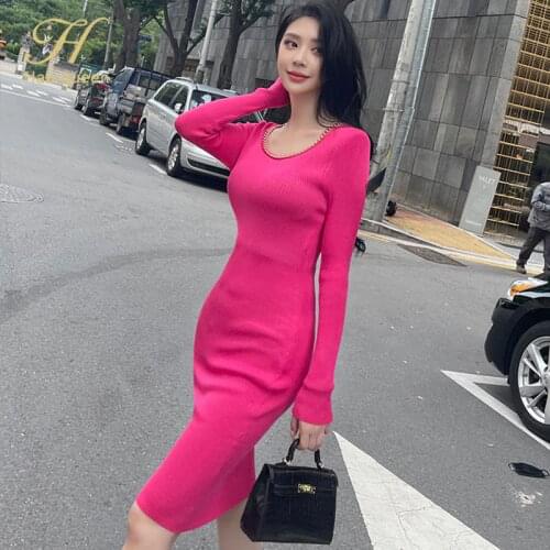 H Han Queen Womens Knitted Dress Sexy Sheath Bodycon Pencil Vestidos Long Sleeve Autumn Pullover All-match Basic Party Dresses