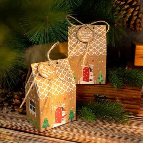 2 Series Candy Box Bag Christmas House Shape Faux Kraft Paper Xmas Gift Packaging Box For Festival Kids Birthday Crackers Box