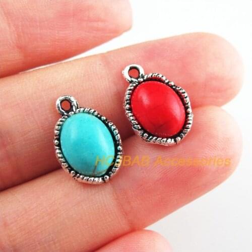 20Pcs Retro Tibetan Silver Tone Oval Flower Blue&Red Stone Charms Pendants 10.5x16mm