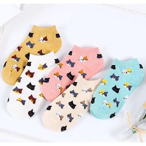 5Pairs New Women Cotton Ankle Socks Cute Cat Colorful Funny Socks Casual Animal Fruit Cake Cartoon Socks For Girls