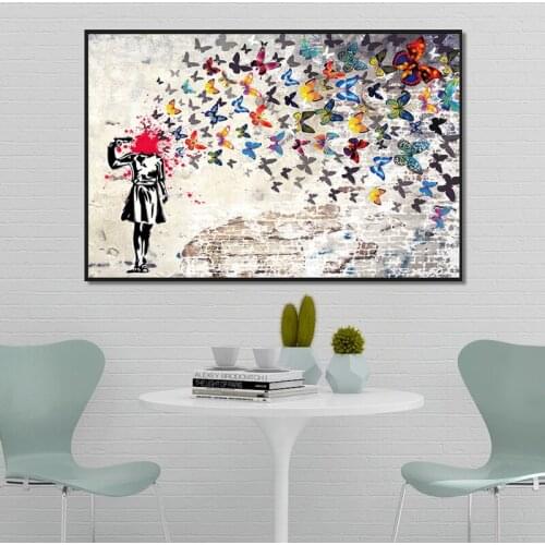 Abstract Banksy Artwork Girl with Butterfly Canvas Paintings on The Wall Horse Riding Pictures Prints for Modern Home Room Decor