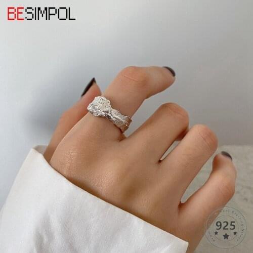 Besimpol 100% Real 925 Sterling Silver Rings Simple Irregular Textured Zircons Adjustable Ring For Women Fashion Fine Jewelry