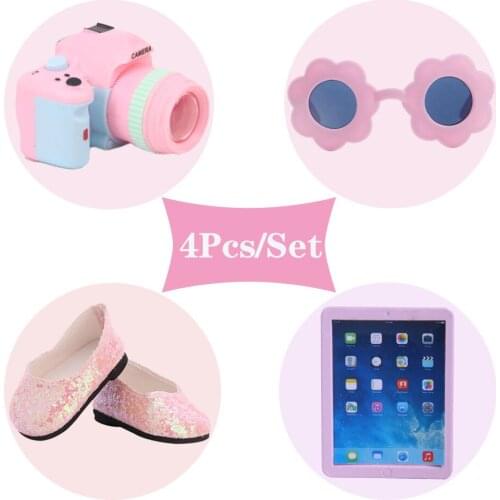 FreeShiping 4Pcs/Set Doll Clothes Shoes Camera Glasses Tablet Fit 18 Inch American of Girl'&43CM Baby Doll Accessories Toy Gift